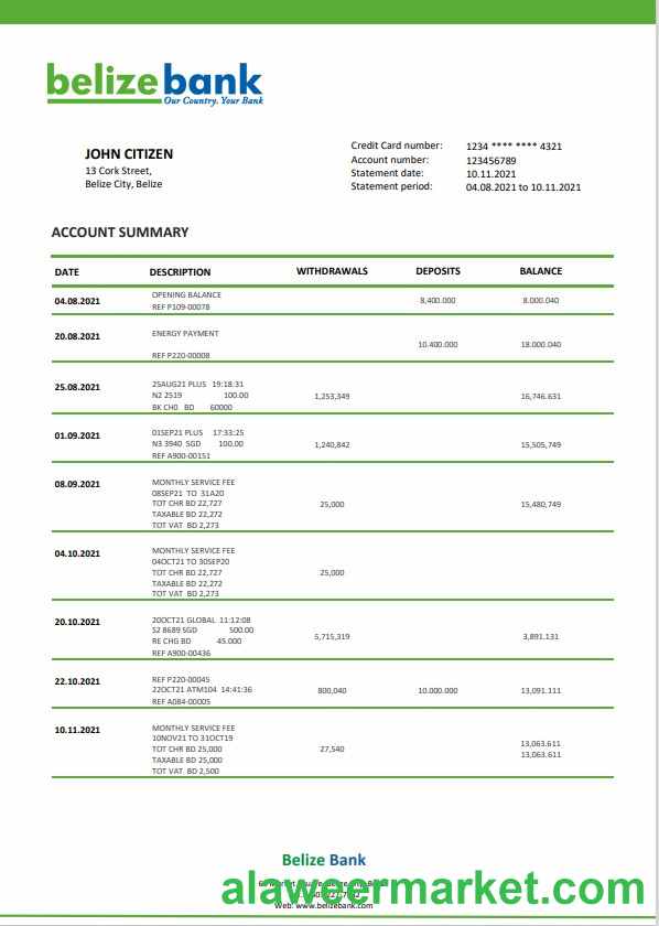 Belize bank statement template in Word and PDF format, fully editable
